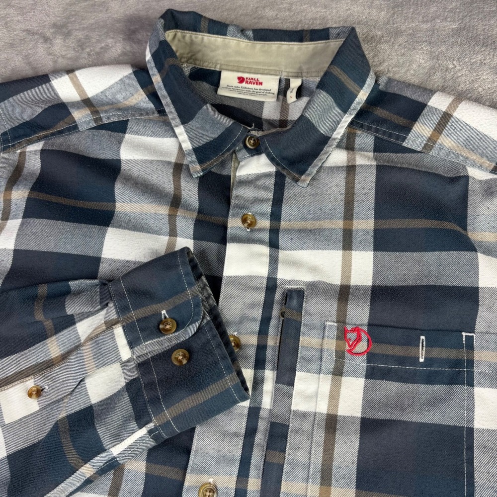 Fjallraven Fjallglim Shirt Mens Large Blue White Plaid Flannel Button Up 81380
